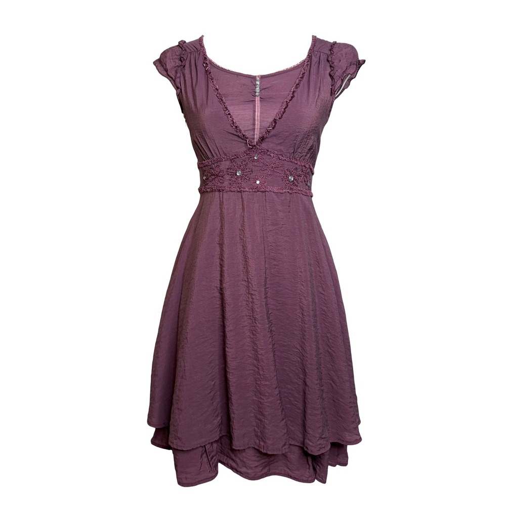 Yidu Y2K Whimsigoth Dress S Purple Embroidered Fairycore Boho Mini